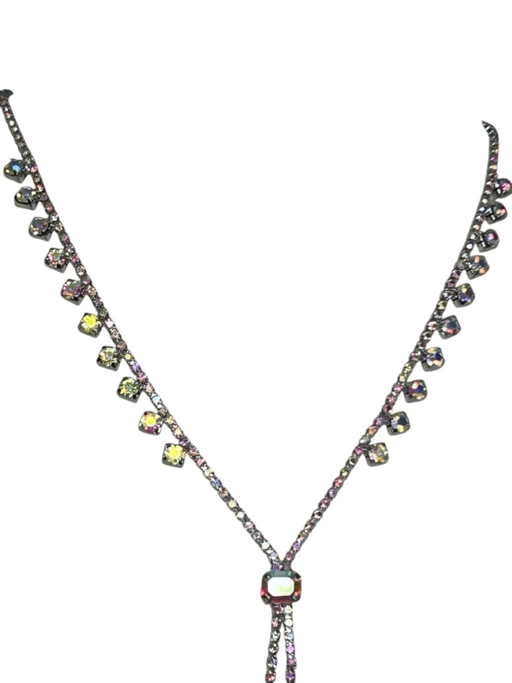 paparazzi Silver-Toned Lariat Necklace AB iridescent rhinestones - Picture 5 of 5